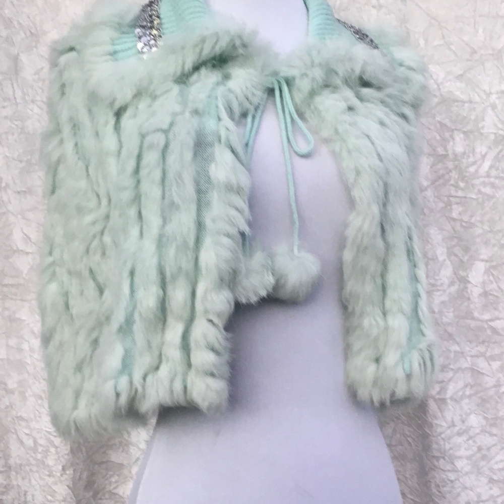 Mint Green Real Fur Knit Capelet with Pom Ties